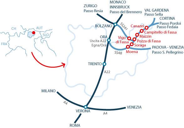 map showing the directions to canazei ski resorts in val di fassa
