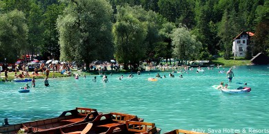 beach and campsite at lake bled, slovenia