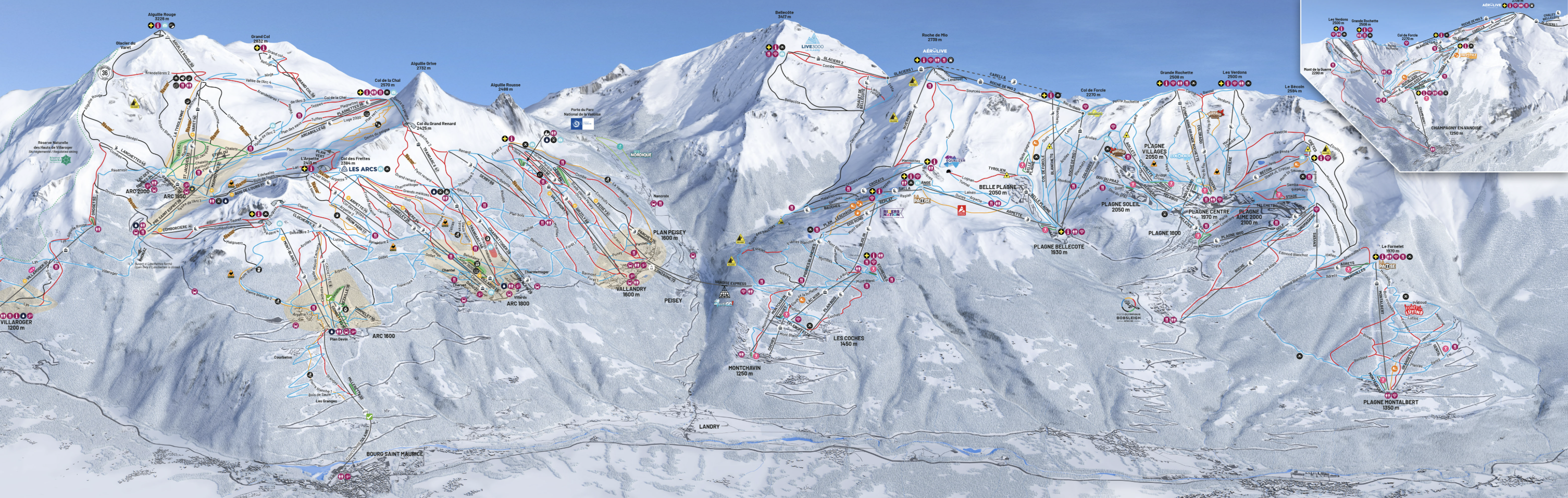 paradiski piste map, ski area of la-plagne, les arcs and peisey-vallandry