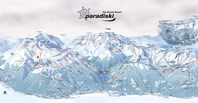 paradiski piste map, ski area of la-plagne, les arcs and peisey-vallandry