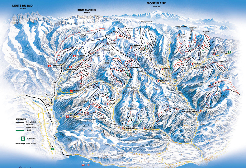 Portes du Soleil piste map showing ski areas, pistes and lifts in
    France and Switzerland