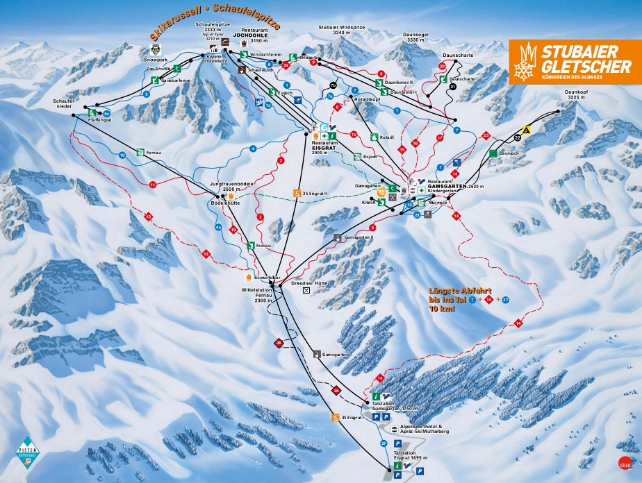 stubai glacier ski area map, ski trails