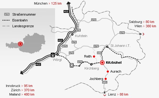 directions to Kitzbuhel-ski-holidays in Kitzbuhel, summer-holidays in Kitzbuhel