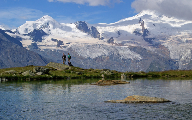 Kreuzboden lake with views of the mountains in Saas Fee