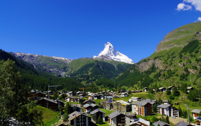 zermatt in summer with views of the matterhorn covered in snow