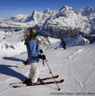 wengen ski resort guide, skier above the resort