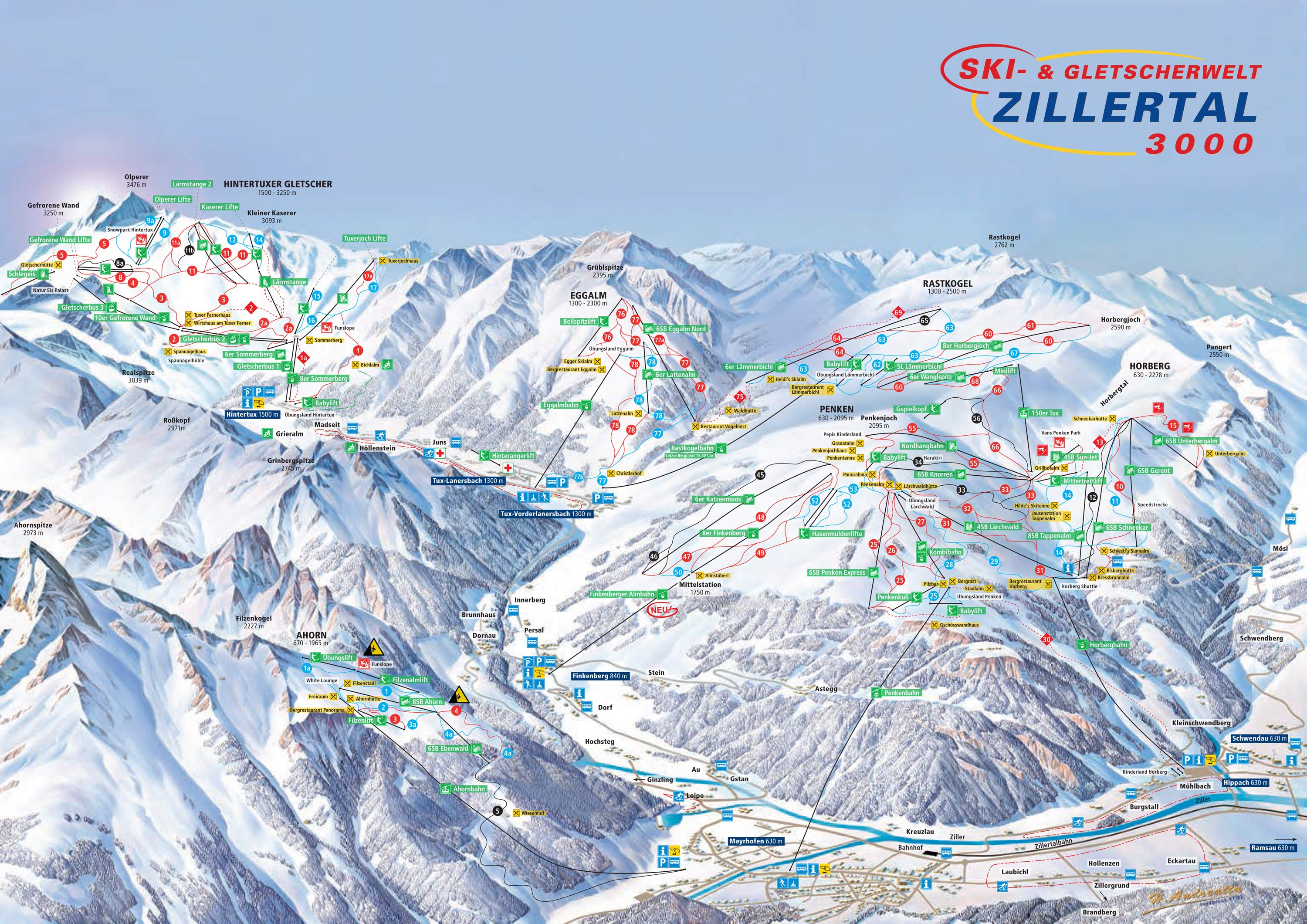 ziller valley ski area map, zillertal