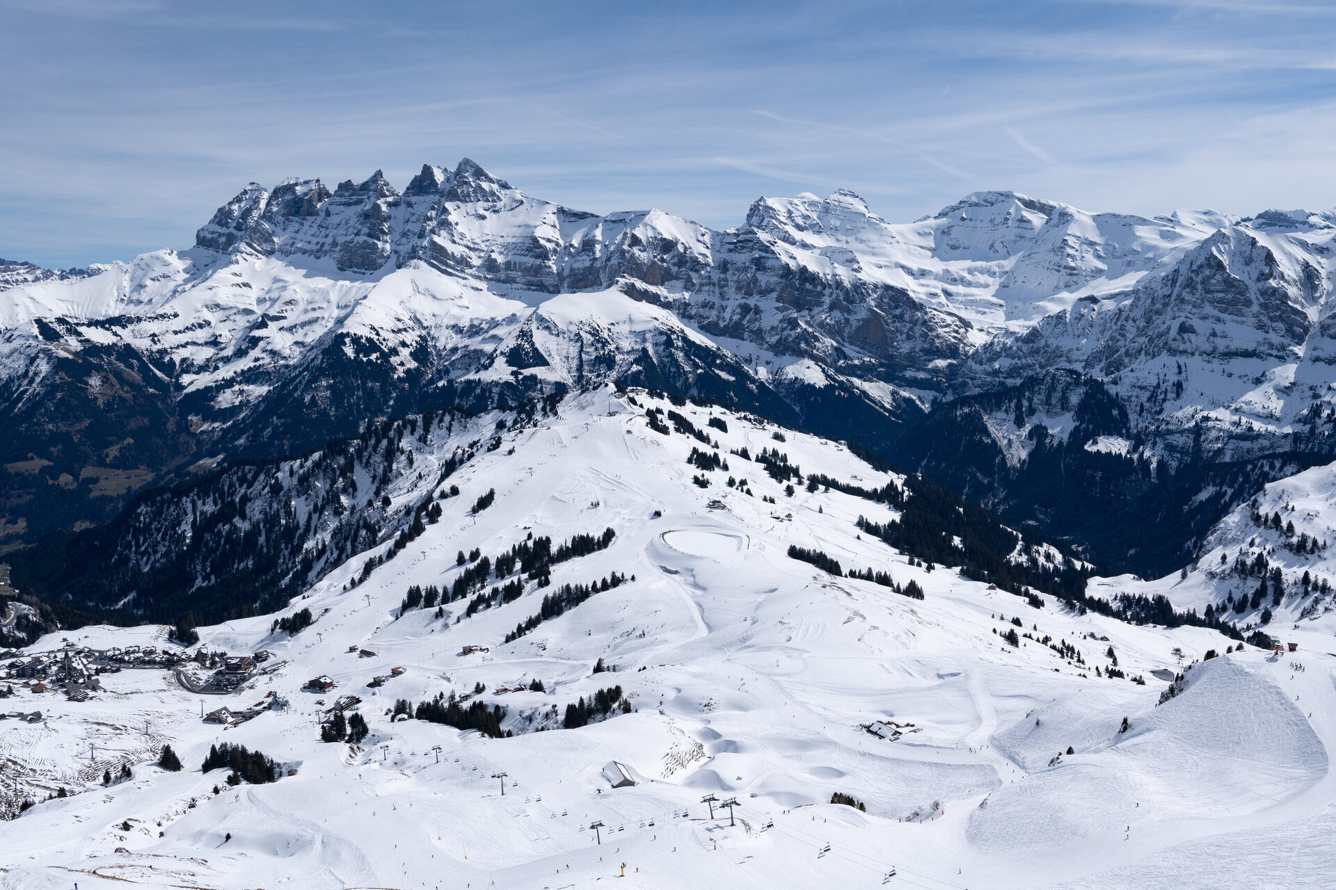 view of les croset ski resort in portes du soleil with the Dents du Midi  in the distance