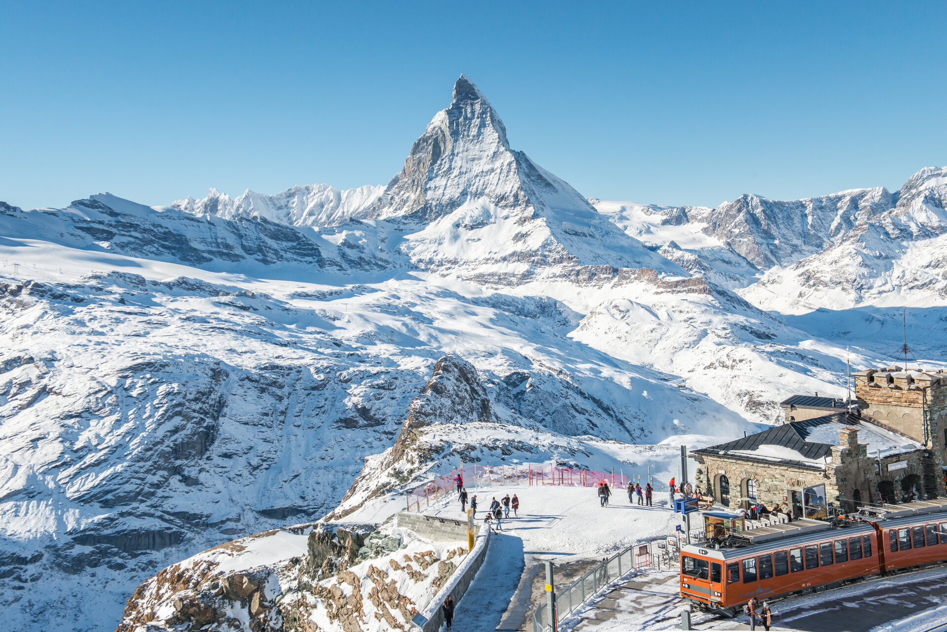 top of the Gornergrat bahn train station in zermatt with matterhorn views