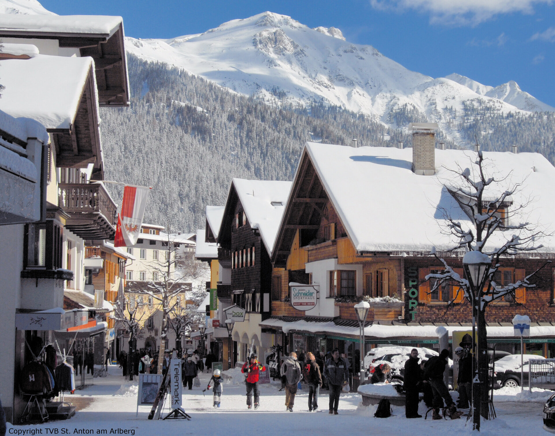 st anton village center in winter