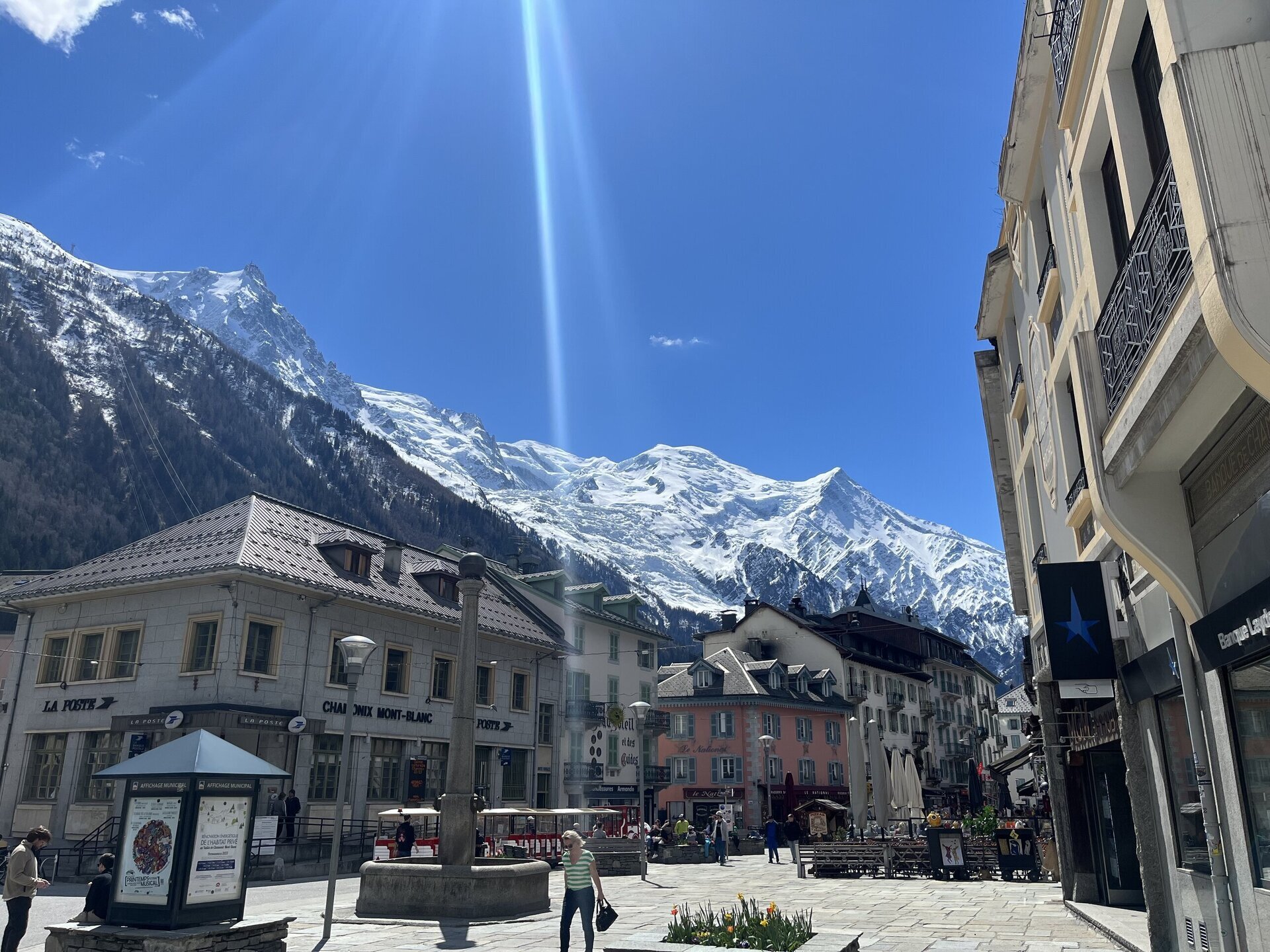 chamonix town centre with view of the Aiguille Rouge mountains in winter